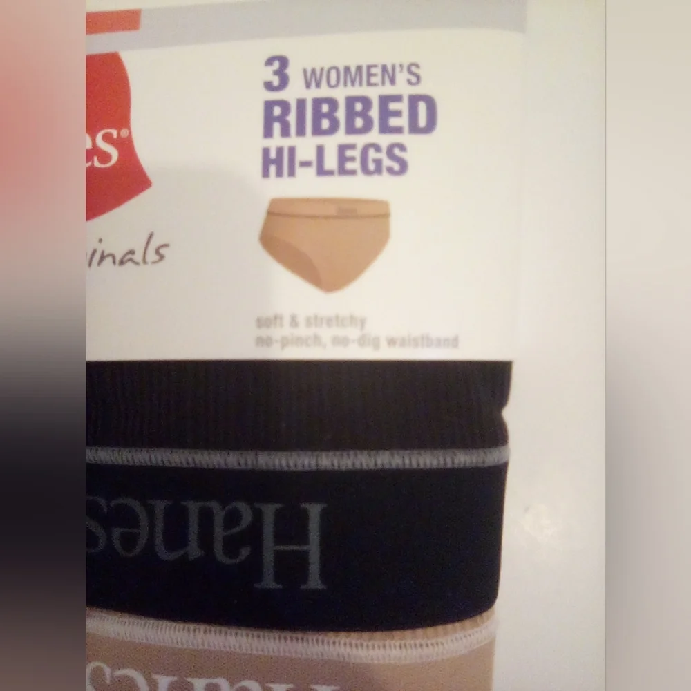 Hanes originals 3 Women's Ribbed Hi-Legs Panties Size 7/L Black&Tan